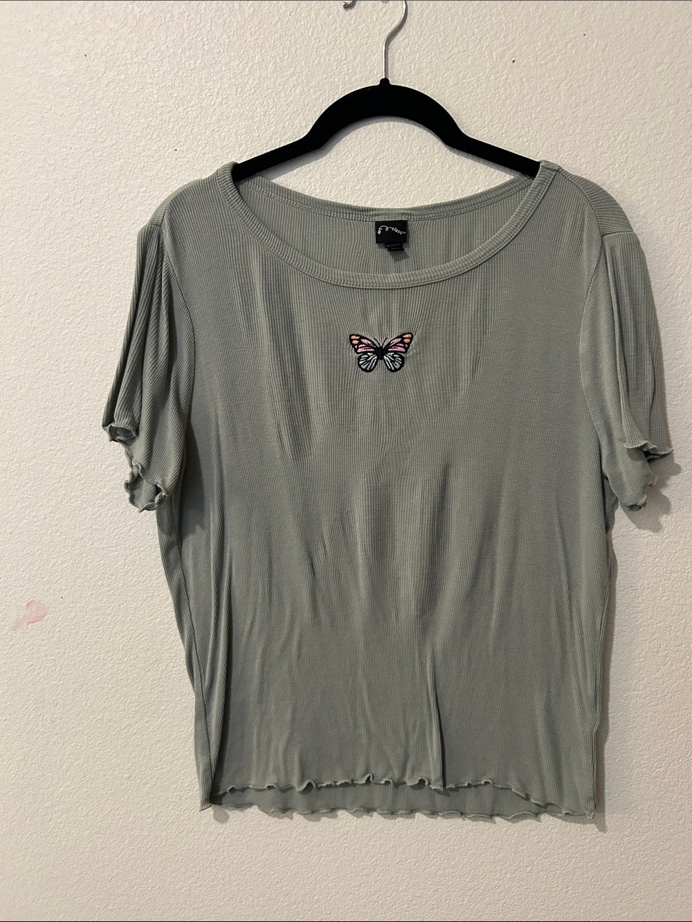 art class Sage Green Short Sleeve Top with Butterfly Patch